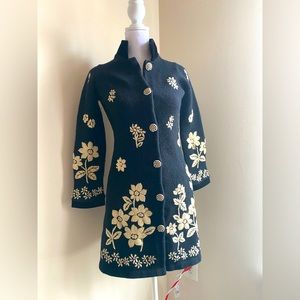 Anthropologie Merino Black Sweater Jacket with Cream Floral Embroidery S